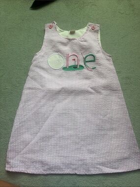 Pink Seersucker Baby Dress with 'One' Golf Appliqué